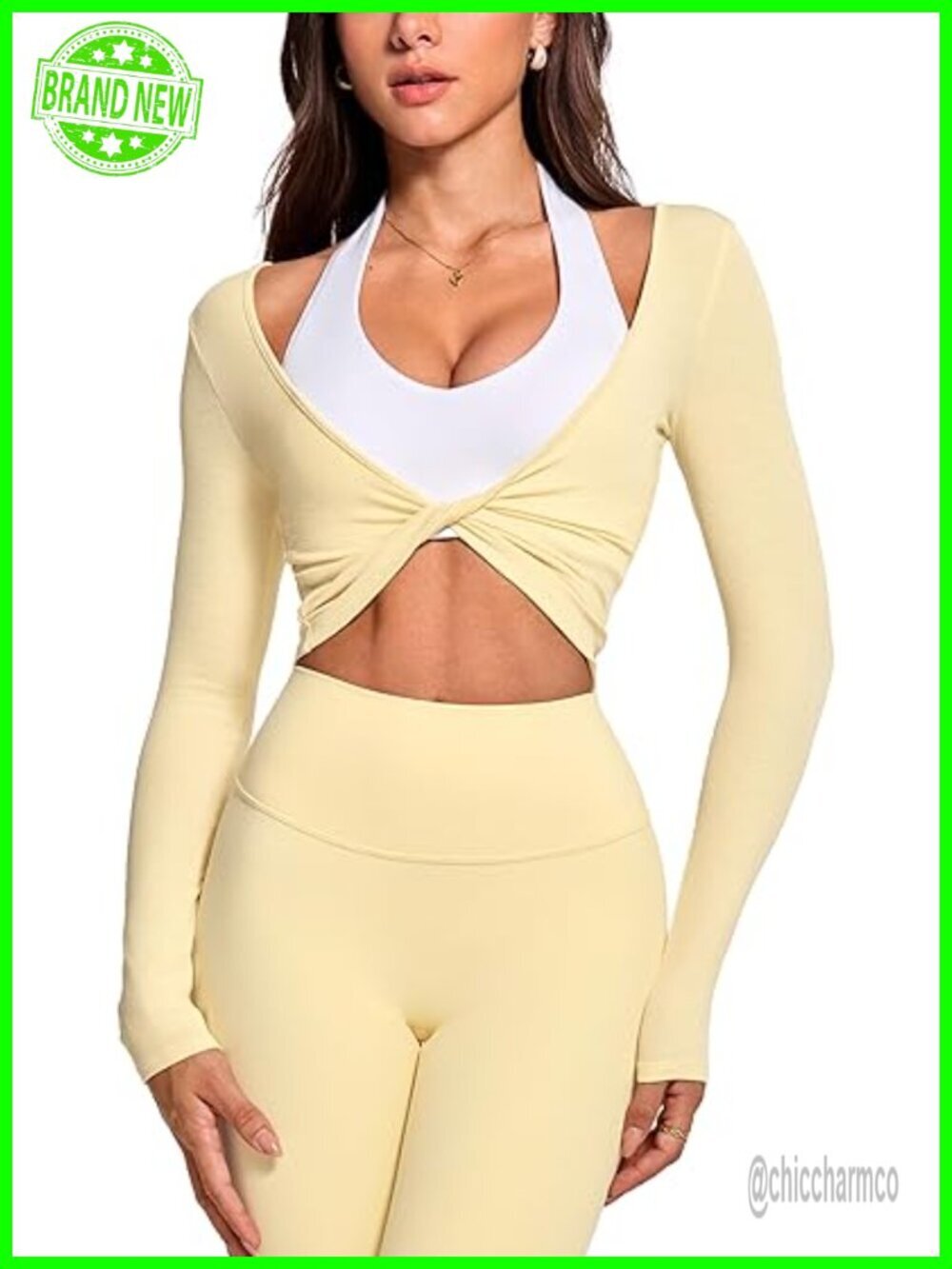 Long Sleeve Knot Top Twist Front Cropped Ribbed Activewear Shirt Yoga Gym Top